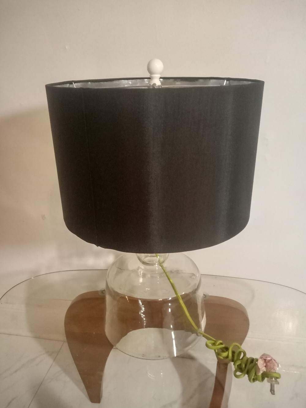 Glass Table Lamp with Black Drum Shade